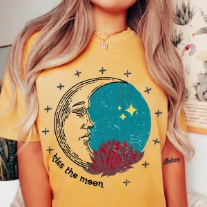 Women's Mustard and Yam Kiss the Moon Vintage Celestial Moon, Sky and Lotus Unisex Garment-Dyed T-shirt Comfort Colors® Tee in Green, Yam, Mustard, White